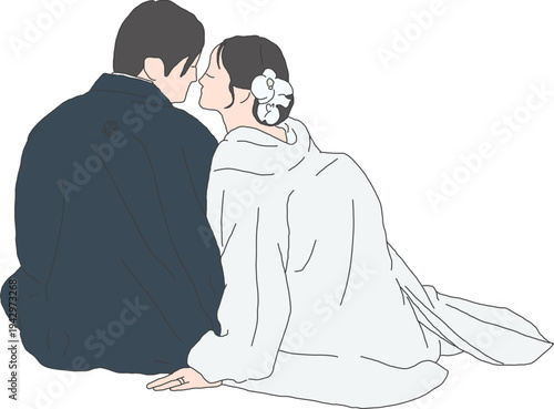 白無垢と紋付袴の和服の新婚夫婦　結婚式