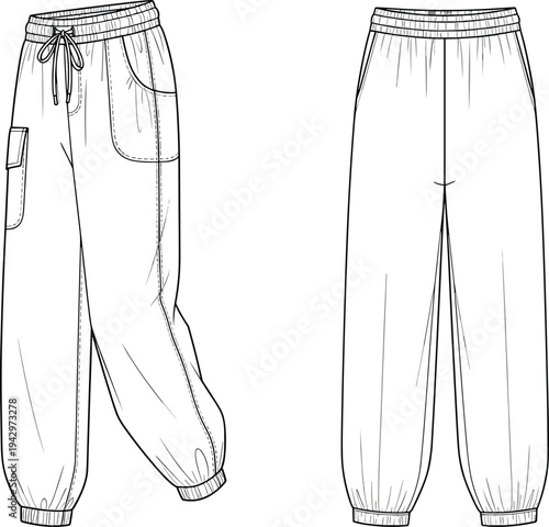 Cargo jogger pants technical fashion illustration with front and back views elastic waistband drawstring pockets casual streetwear apparel template