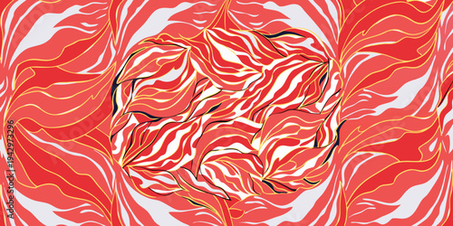 This vibrant image features an abstract design dominated by shades of red and white, with subtle hints of gold outlining some of the shapes. The pattern consists of numerous swirling, leaf-like, or fl