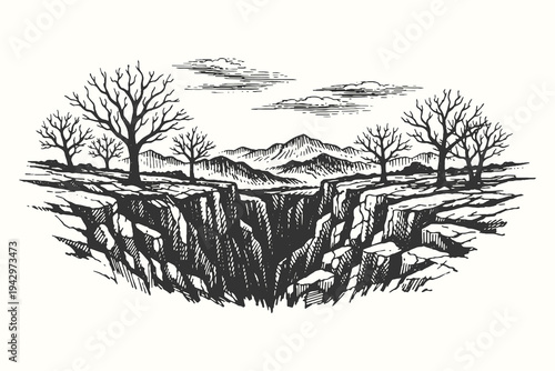 Dramatic landscape featuring a rugged deep canyon or gorge with dry trees on the edge, captured in a detailed hand-drawn vintage engraving art style.