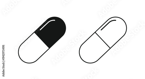 Two capsule pills one filled and one empty in black and white silhouette