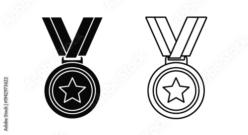 Two medal icons one filled and one outlined in black and white silhouette