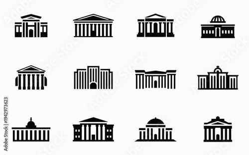 Collection of various black and white architectural building icons including government and institutional structures with columns and domes on a plain background