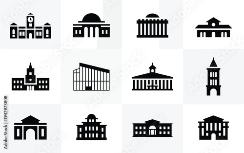 Collection of black and white architectural building icons including government buildings churches and monuments on a white background