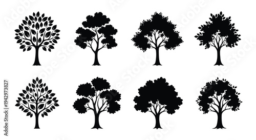 Collection of eight black trees in various shapes a silhouette