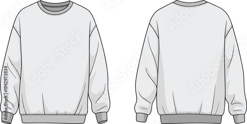 Classic crewneck sweatshirt technical fashion illustration with front and back views ribbed cuffs hem casual apparel mockup template