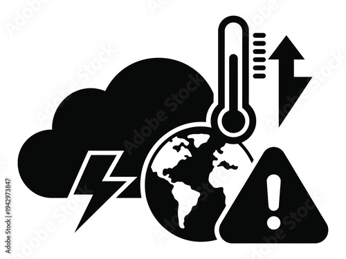 Global warming warning sign, rising thermometer and storm symbol vector illustration