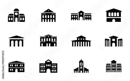 Collection of various black silhouette building icons including government institutional and architectural structures