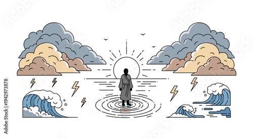 A serene illustration depicting a figure standing in water surrounded by clouds, waves, and lightning in a minimalist style