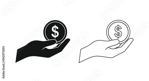 Hands offering a dollar coin shown in contrasting styles silhouette