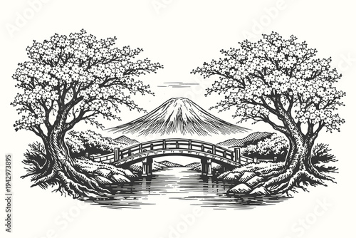 Cuadro en lienzo Serene landscape with a traditional arched bridge over a pond near Mt