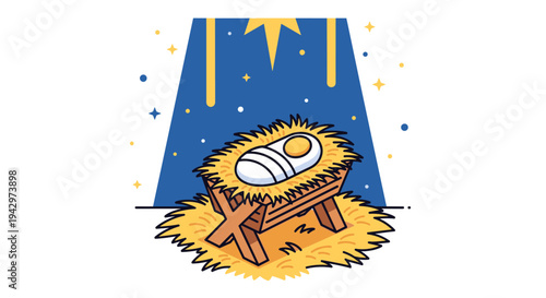 A stylized nativity scene featuring a manger with a baby, set against a blue background with stars, in a modern illustration style