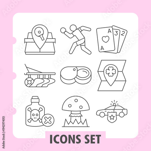 Tennis game, harvester, poison jar ban icons, collection illustrating concepts such as travel, health, gaming, location and daily. Set of nine thin line icons on white background.