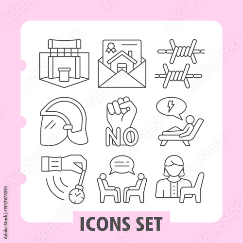 Promotion stand, firefighter helmet, clock icons, collection illustrating concepts such as business, communication, social issues and time management. Set of nine thin line icons on white background.