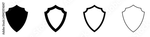A set of shield icons in four styles: from a solid black silhouette to linear outlines of different thicknesses. Minimalist vector illustration symbolizing protection and security.