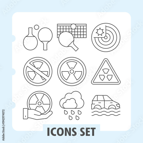Tennis rackets, radiation ban, radioactive hand icons, set illustrating technology, entertainment, science, safety, weather and transportation. Set of nine thin line icons on white background.