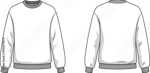 Crewneck sweatshirt fashion technical illustration with front and back views ribbed collar cuffs and hem casual apparel mockup template
