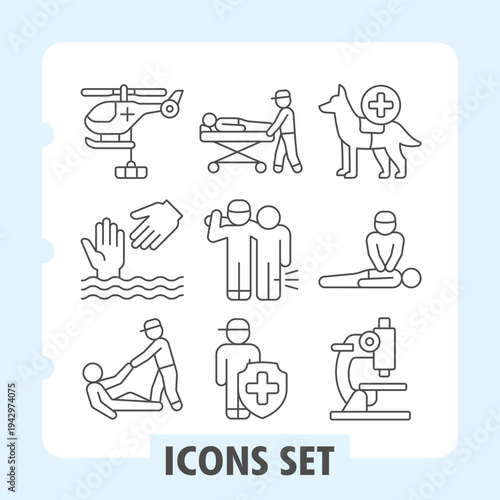 Helicopter, human rescue, help icons, collection illustrating concepts such as healthcare, fitness, meditation, swimming and medical services. Set of nine thin line icons on white background.