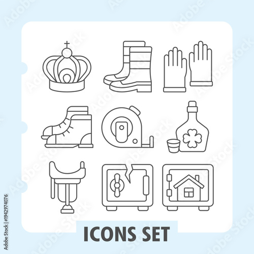 King crown, boots pair , saddle icons, collection illustrating concepts such as home, hygiene and comfort. Set of nine thin line icons on white background.