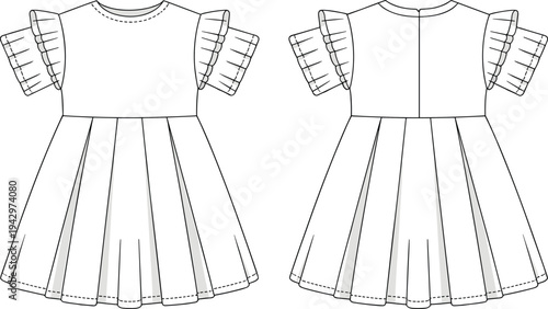 Girls ruffle sleeve dress technical fashion illustration with front and back views pleated skirt kids clothing apparel template