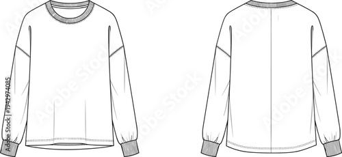 Long sleeve crewneck sweatshirt technical fashion illustration with front and back views ribbed collar cuffs casual apparel template