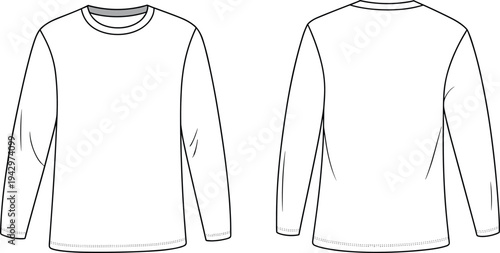 Long sleeve crew neck t shirt technical fashion illustration with front and back views casual apparel template