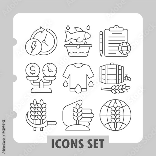 Timer, weight scale, wheat cutting icons, collection illustrating concepts such as time, food, clothing, home, agriculture and lifestyle. Set of nine thin line icons on white background.