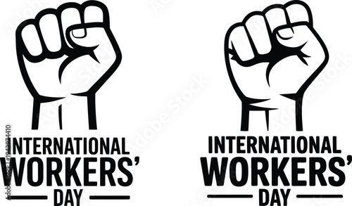 International workers' day symbol with raised fists and text on white background representing labor rights and solidarity