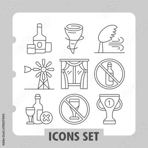 Whisky drink, windmill, wine bottle icons, collection illustrating concepts such as energy, fashion, sports, celebration and leisure. Set of nine thin line icons on white background.