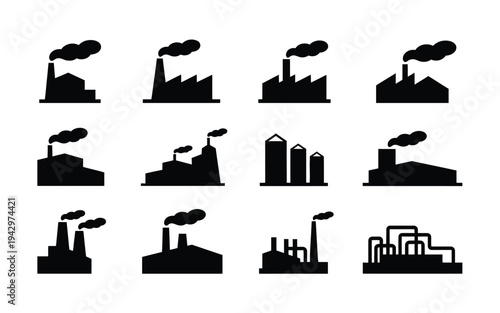 Industrial factory and power plant black silhouettes with smoke stacks and pollution industrial landscape icons