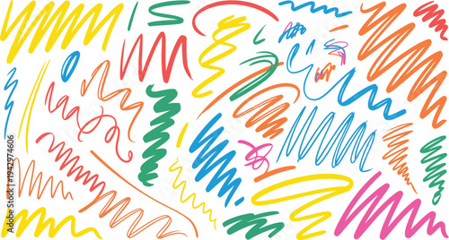 Vibrant colorful scribbles and squiggles on white background abstract artistic expression with various squiggle patterns