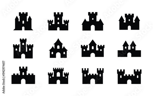 Collection of black castle silhouettes in various architectural styles on white background