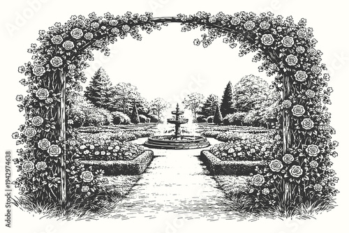 Elegant garden landscape with a central fountain framed by a blooming rose arch, detailed black and white vector line art style.