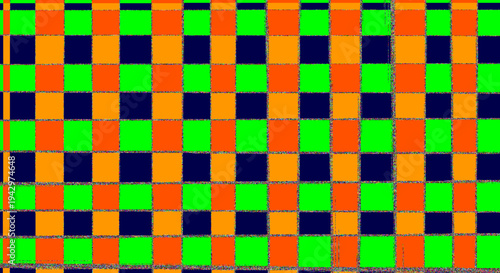 Abstract digital art vector with colorful orange green blue black checkerboard squares, optical illusion grid, and surreal geometric design