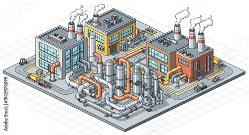 Industrial Factory Complex with Pipes.