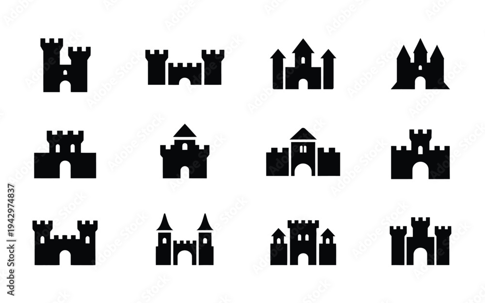 Fototapeta premium Collection of black castle silhouettes in various medieval architectural styles on white background