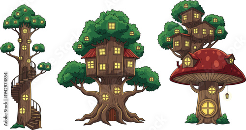 Fantasy treehouse illustration with spiral staircase, mushroom house design, magical forest homes, cartoon wooden cottages, enchanted nature vector art decoration