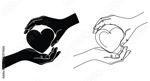 Hands cradling a heart contrasting styles black and white silhouette
