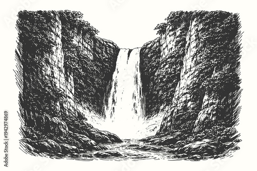 Stunning vector illustration of a powerful waterfall cascading down rocky cliffs, drawn in a classic black and white etching style.