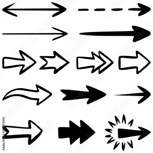 Large set of various hand-drawn black design elements on a white background. The collection includes various graphic elements made in a careless sketch style. Vector illustration.