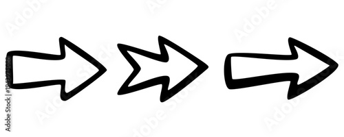 Set of three outline arrows drawn by hand with a black marker pointing to the right on a white background. Vector illustration.
