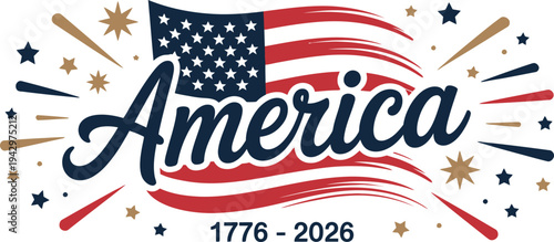 American patriotic logo with flag stars and text america 1776 2026 on white background