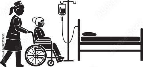 Nurse assisting patient in hospital setting isolated on transparent background, Vector
