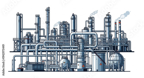 Industrial Factory Complex with Pipes and Towers.
