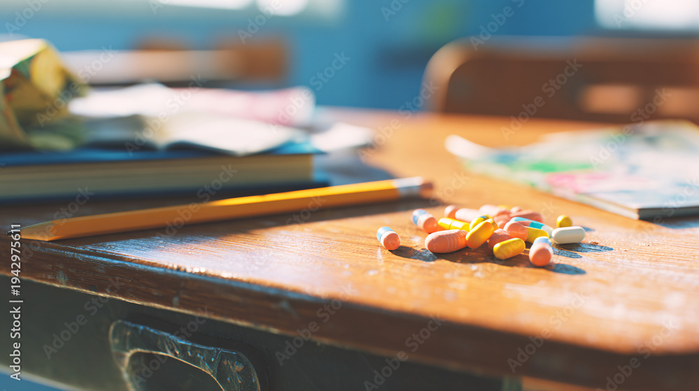 Fototapeta premium A bright close-up shot of a student's wooden desk, a pile of various colorful pills mixed with school stationery - representing the danger of youth drug abuse.