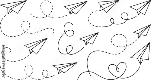 Flying paper airplanes soar through air with swirling dotted lines and heart shape trails on white background