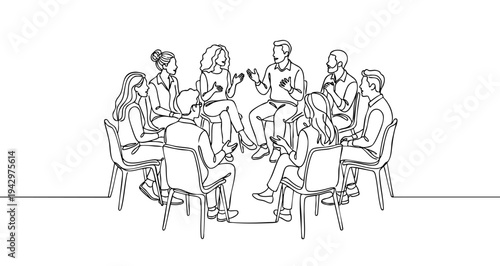 Group therapy or circle meeting. One-line art illustration depicting a group of people sitting on chairs in a circle and communicating. Minimalist vector graphics.