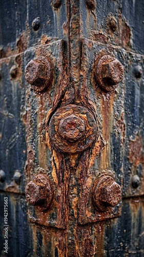 Close Up of Heavily Rusted Metal Structure with Bolts and Rivets on Industrial Structure in Dark Blue and Orange Colors