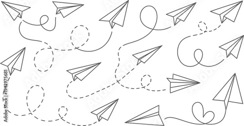Paper airplanes flying in different directions with dotted lines on white background symbolizing freedom and creativity