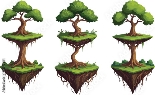 Floating island trees vector illustration, green nature landscape design, magical fantasy artwork with floating roots, surreal forest environment for decoration.